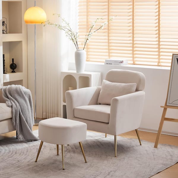 Karl home White Velvet Arm Chair with Ottoman