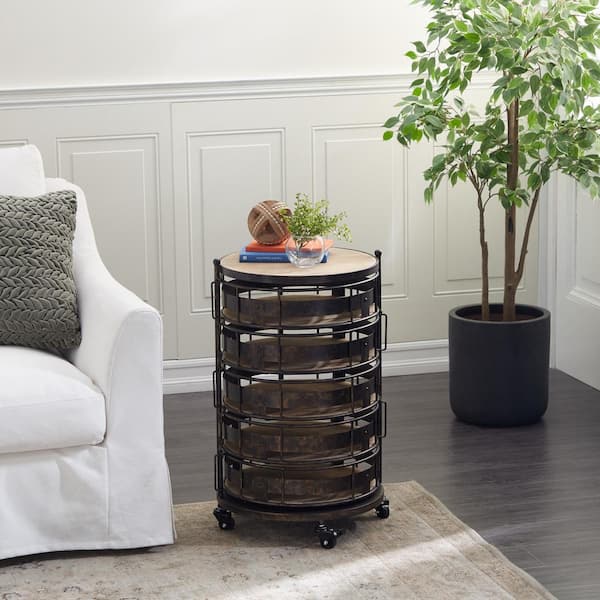 28 in. Brown Rolling Circular 6 Shelf Kitchen Storage Cart with Adjustable Shelves