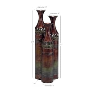 34 in., 31 in., 28 in. Bronze Tall Ombre Metal Decorative Vase with Laser Cut Antefix Design (Set of 3)