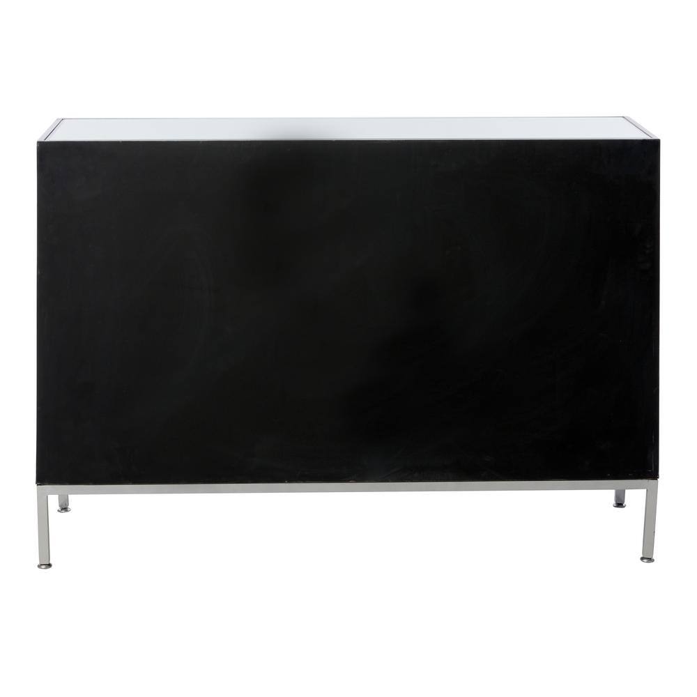 Gray Upholstered 3-Door Cabinet with Mirrored Top and Ring Handles