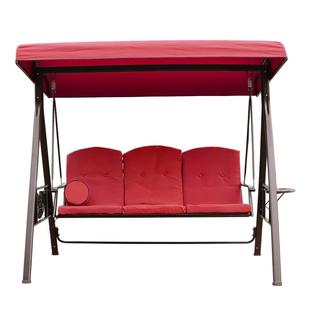 Willit 3Person Metal Patio Swing with Red Adjustable Canopy, Pillow, Removable Cushions YJ