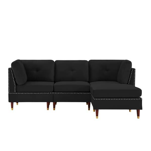 ATHMILE 88.58 in. Square Arm 2-Piece L-Shaped Velvet Modern Sectional Sofa in Black with Ottoman