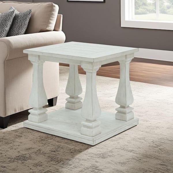 Benjara Dyne 23.75 in. Antique White Rectangle Wooden End Table with Baluster Legs