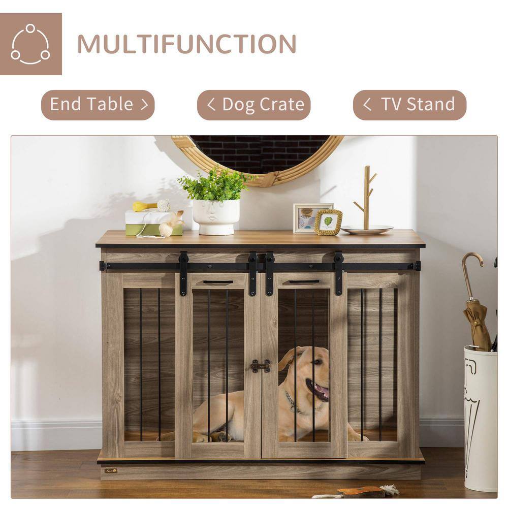 Large Oak Brown Dog Crate End Table with Sliding Doors