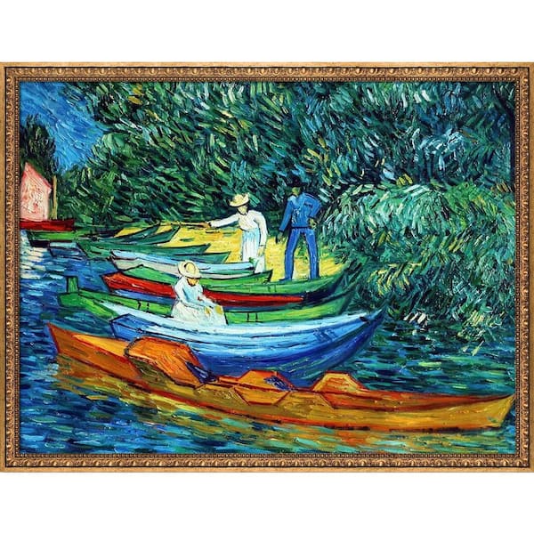 LA PASTICHE Rowing Boats on Banks of Oise by Vincent Van Gogh Versailles Gold Framed Nature Painting Art Print 39.5 in. x 51.5 in.