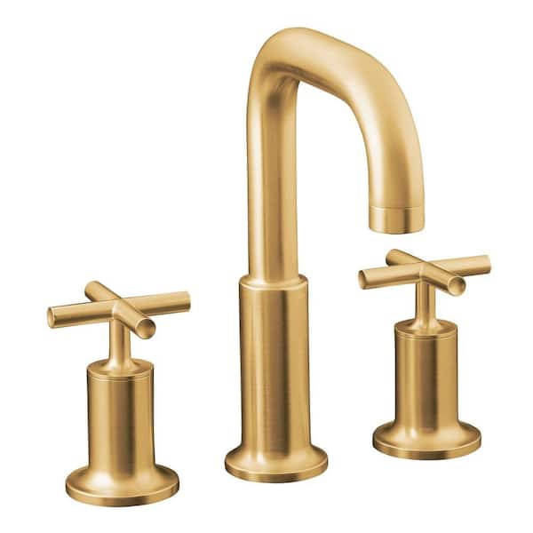 KOHLER Purist 8 in. Widespread Deck Mount 2-Handle Mid-Arc Bathroom Faucet Trim Only in Vibrant Moderne Brushed Gold Less Valve