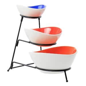 Crenshaw 7.5 in. 30 fl. oz. Assorted Color Stoneware 4-Piece 3-Tier Serving Bowl Set with Metal Rack