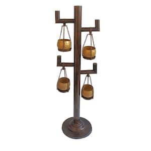 52 in. Antique Bronze and Black Metal Tall Indoor Floor Plant Stand with Gold 4-Tier Hanging Pots