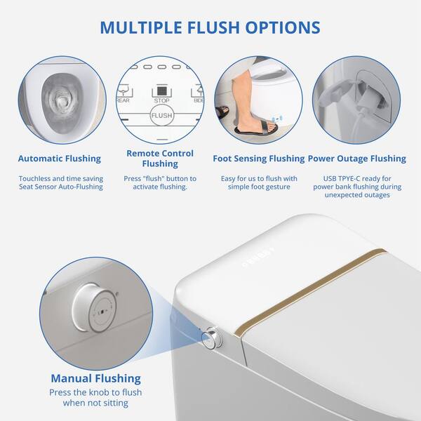 Relyblo intelligent Elongated Bidet Toilet 1.27 GPF in Gold White with Auto Open/Close and Foot Sensing