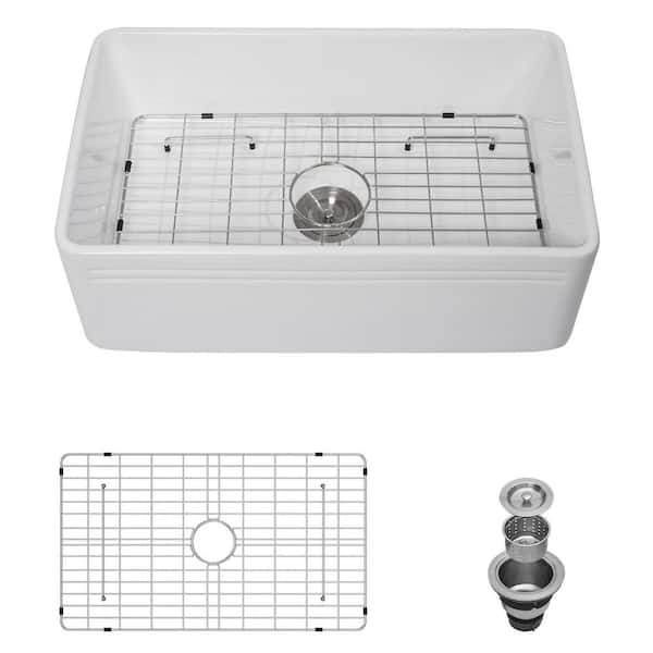 30 in. x 18 in. Glossy White Single Bowl Ceramic Farmhouse Undermount Kitchen Sink with Bottom Grids