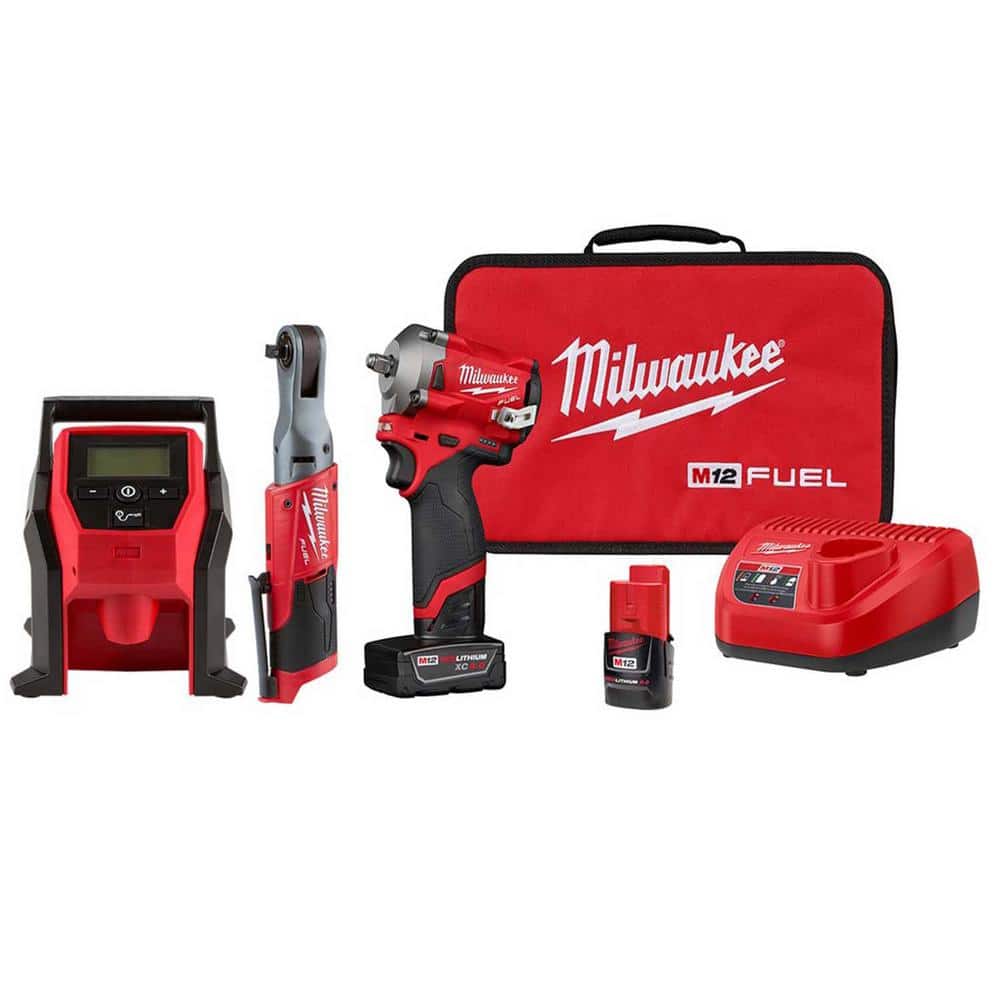 Milwaukee M12 FUEL 12V Lithium-Ion Brushless Cordless 3/8 in. Impact Wrench   Ratchet Combo Kit (2-Tool) W/ Inflator 2554-22-2557-20-2475-20 The Home  Depot