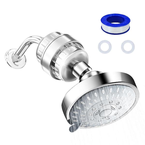 4.33 in. Wall Mount High-Pressure Round Shower Head in Silver with 20-Stage Filter with 5-Spray Patterns 360° Rotatable