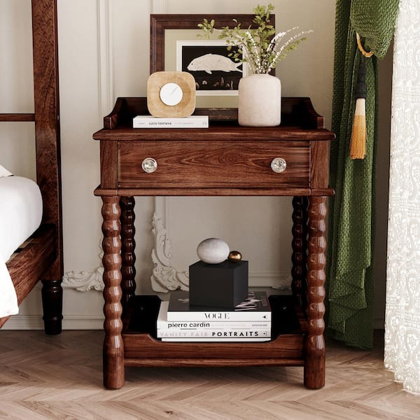 Zeus Ruta Outdoor Side Table with Drawer and Open Shelf Bedside Table with Turned Legs and Metal Handle Walnut HWD 550 The Home Depot