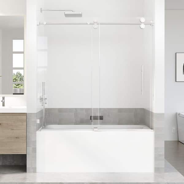 Opvande 56-60 in. W x 66 in. H Sliding Frameless Tub Door in Brushed Chrome with 5/16 in. (8 mm) Tempered Clear Glass