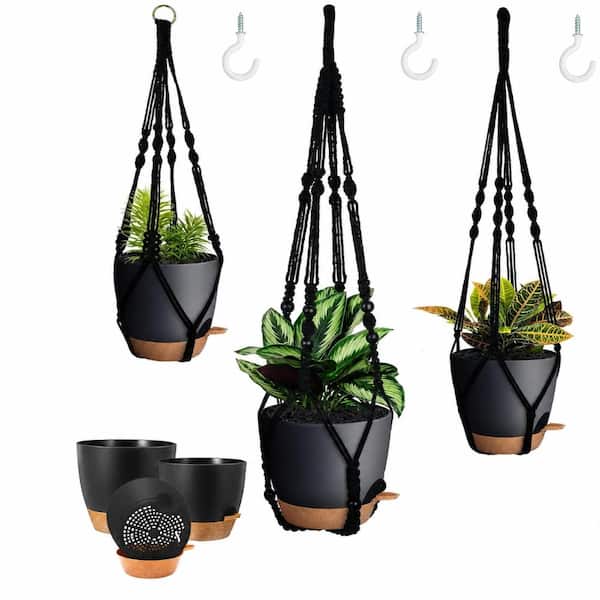 3 Pack Self Watering Macrame Hanging Planters with Plastic Pots and ...