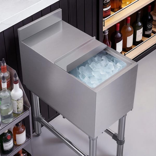 Commercial Ice Bin, 39.6 qt. Capacity, 12 x 24 x 33 in. Stainless Steel with Lid Cooler Cart Single Bowl Freestanding