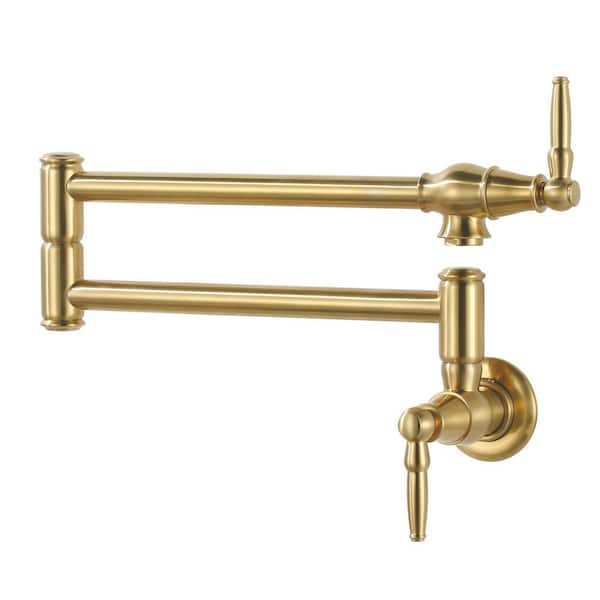 Wall Mounted Double-Handle Kitchen Pot Filler Faucet with Double Joint Swing Arms in Brushed Gold
