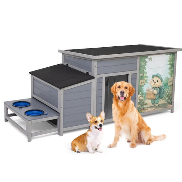 Large Wooden Outdoor Dog House with Elevated Floor and Feeding Area