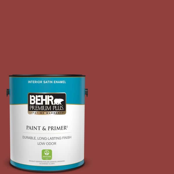 BEHR PREMIUM PLUS 1 gal. #S-H-180 Awning Red Satin Enamel Low Odor Interior Paint & Primer
