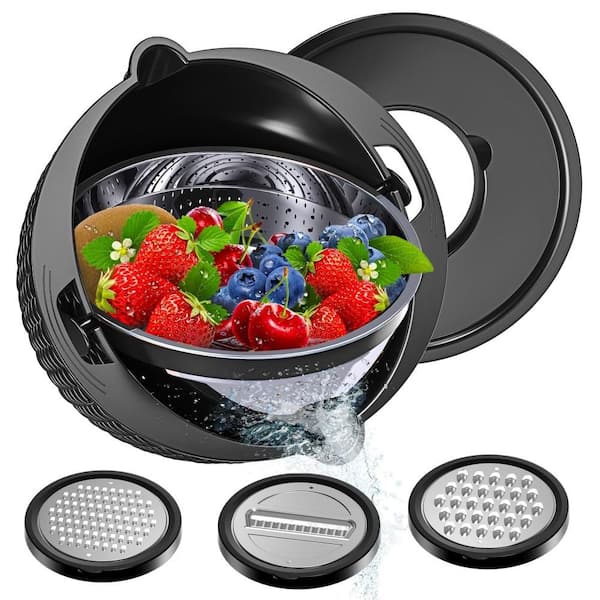4-1 Colander with Bowl Set for Kitchen and Dining, Rotatable Strainers for Fruit Cleaning and Vegetables Washing, Black