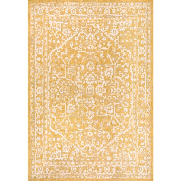 Malta Bohemian Medallion Textured Weave Yellow/Cream 9 ft. x 12 ft. Indoor/Outdoor Area Rug