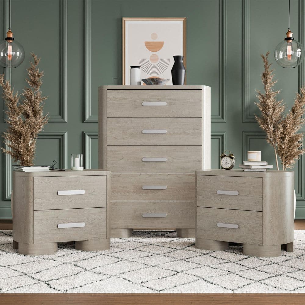 Susan 3-Piece White Oak 2-Drawer Set of 2 Nightstands and Chest with USB Charging Ports
