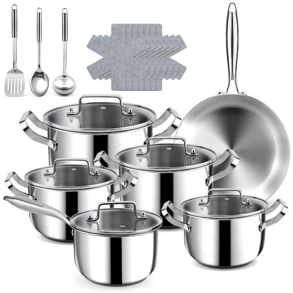 21-Piece Stainless Steel Cookware Set in Silver, Cookware Sets with 3-Ply Frying Pan, Cool Handle, Dishwasher Safe