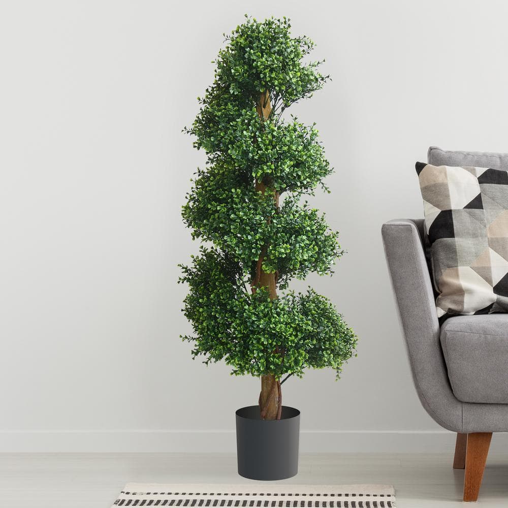 48-inch Green Plastic Boxwood Spiral Topiary Tree in Black Pot