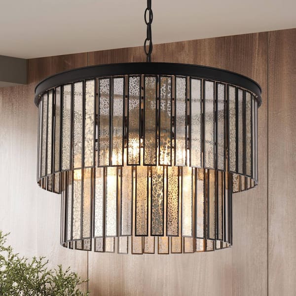 Modern 4-Light Black Drum Chandelier with 2-Tier Colored Glass Shade, Dining Room Living Room Foyer Pendant Light