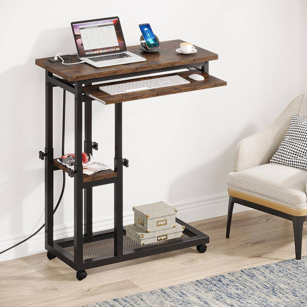 Kerlin 31.5 in. Rustic Brown Adjustable C-Shaped End Table with Power Outlets and Wheels