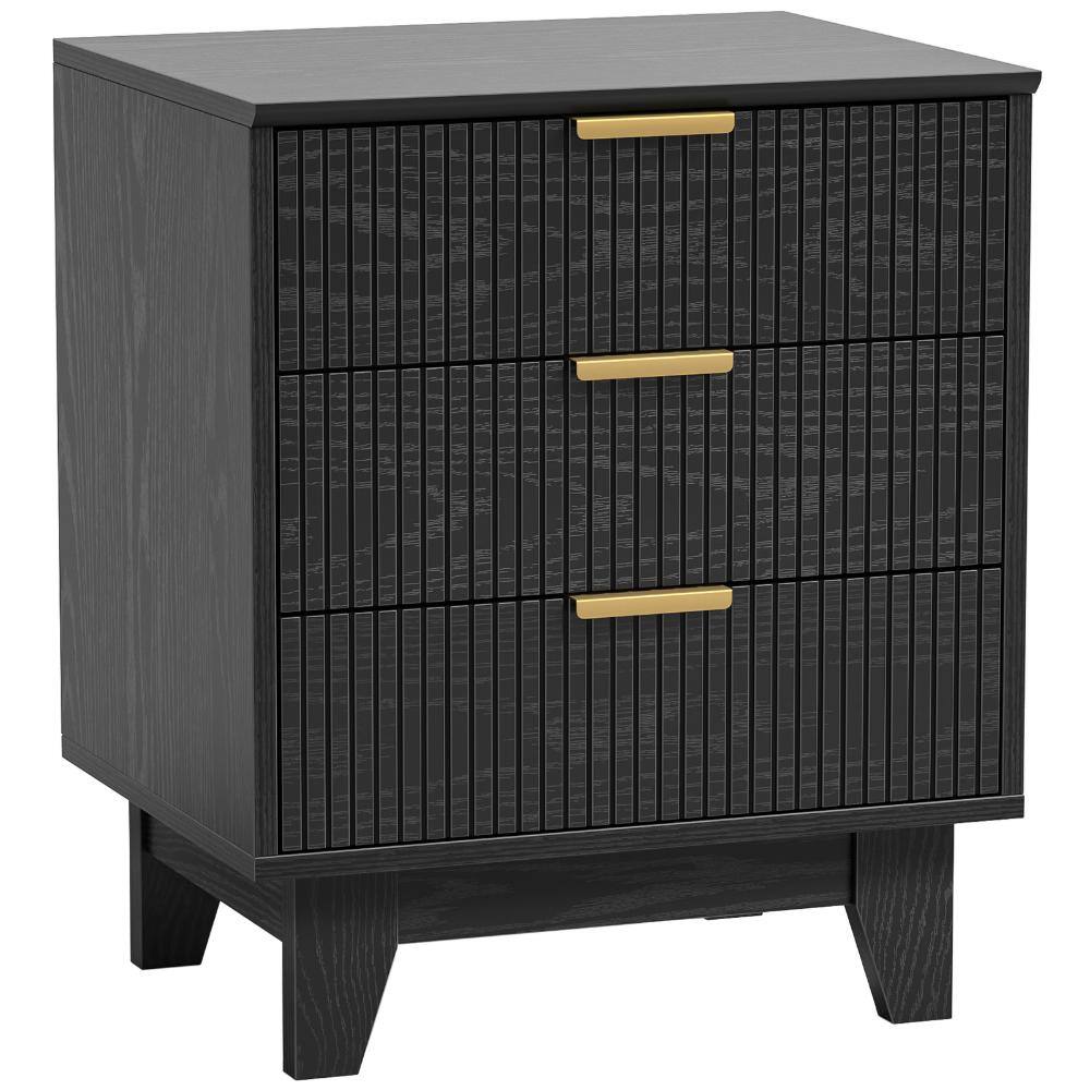 Black Fluted 3 Drawer Nightstand Wood Accent Chest with Gold Metal Pull Handles for Bedroom Living Room Storage