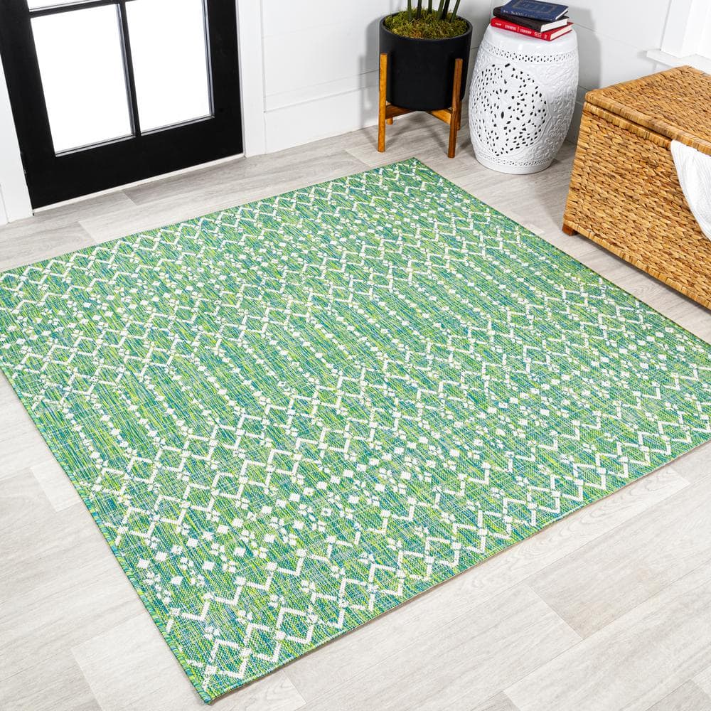 Ourika Moroccan Geometric Textured Weave Green/Cream 5  Square Indoor/Outdoor Area Rug