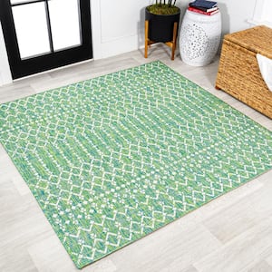 Ourika Moroccan Geometric Textured Weave Ivory/Green 5 ft. Square Indoor/Outdoor Area Rug