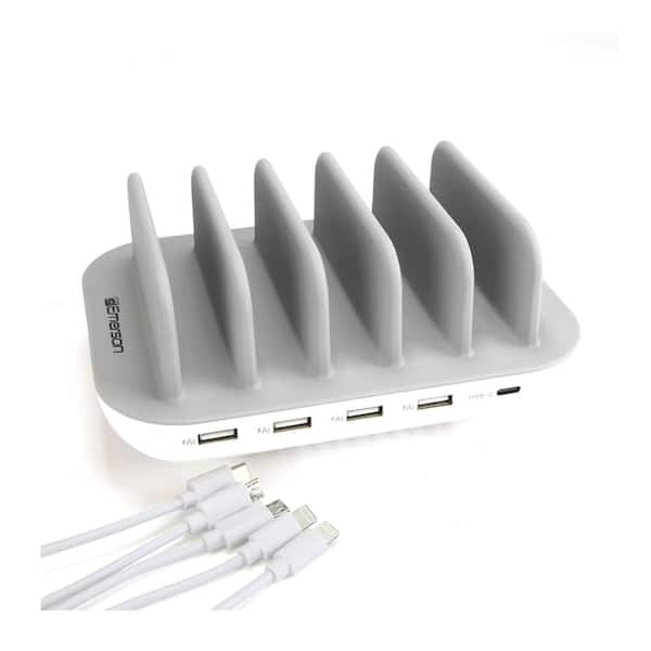 Ahfiwaso 5-Port USB Charging Station with 4 USB-A and 1 USB-C Ports, LED Indicator, Silicone Cradle and 5 USB Cables, White