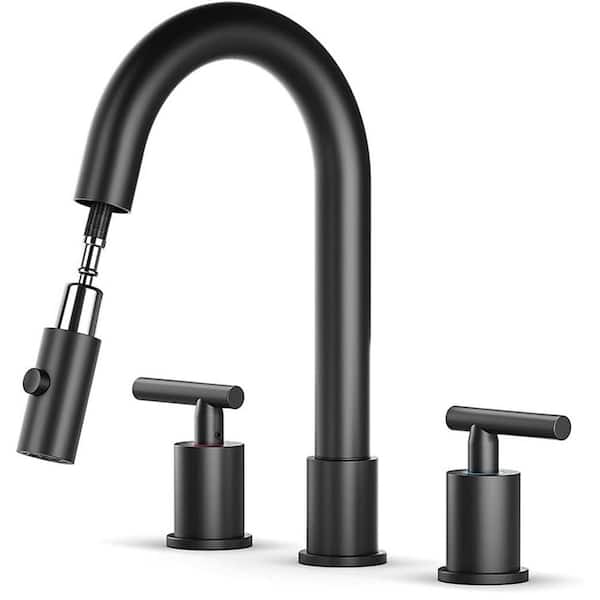 8 in. Widespread Double Handle Bathroom Faucet with Drain and Pull Down in Matte Black