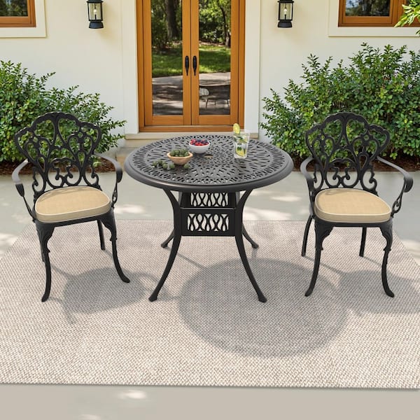 Lily Black 3-Piece Cast Aluminum Outdoor Dining Set with Round Table and Dining Chairs with Off-white Cushion