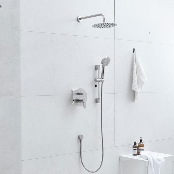 Round 10 in. Dual Shower Heads Wall Mounted Rainfall and 5-Spray Handheld Combo Shower Heads in Brushed Nickel