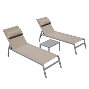 3-Piece Aluminum Outdoor Serving Bar Set with Headrest and Metal Side Table, Khaki