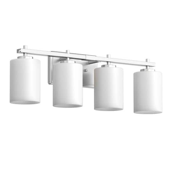 Emeritpro 24 in. 4-Light Nickel Bathroom Vanity Light with Cylinder Frosted Glass Shade for Vanity or Dressing Room