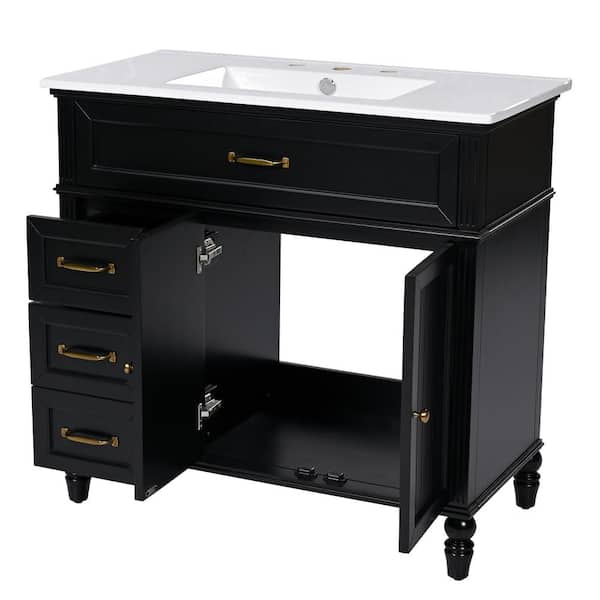 36 in. W x 18.5 in. D x 34.4 in. H Single Sink Freestanding Bath Vanity in Black with White Ceramic Top