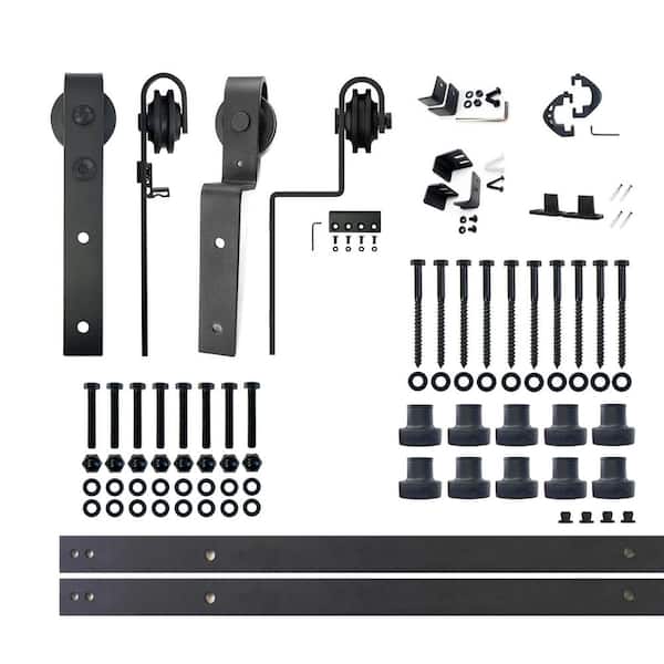 HOMACER 11 ft./132 in. Black Rustic Single Track Bypass Sliding Barn Door Track and Hardware Kit for Double Doors
