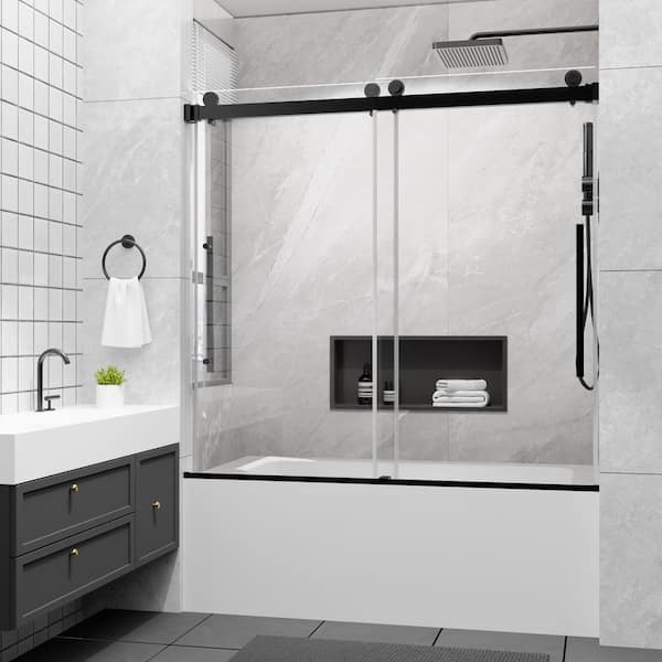 56-60 in. W x 58 in. H Sliding Frameless Tub Door in Matte Black with 4/1 in. Tempered Clear Glass