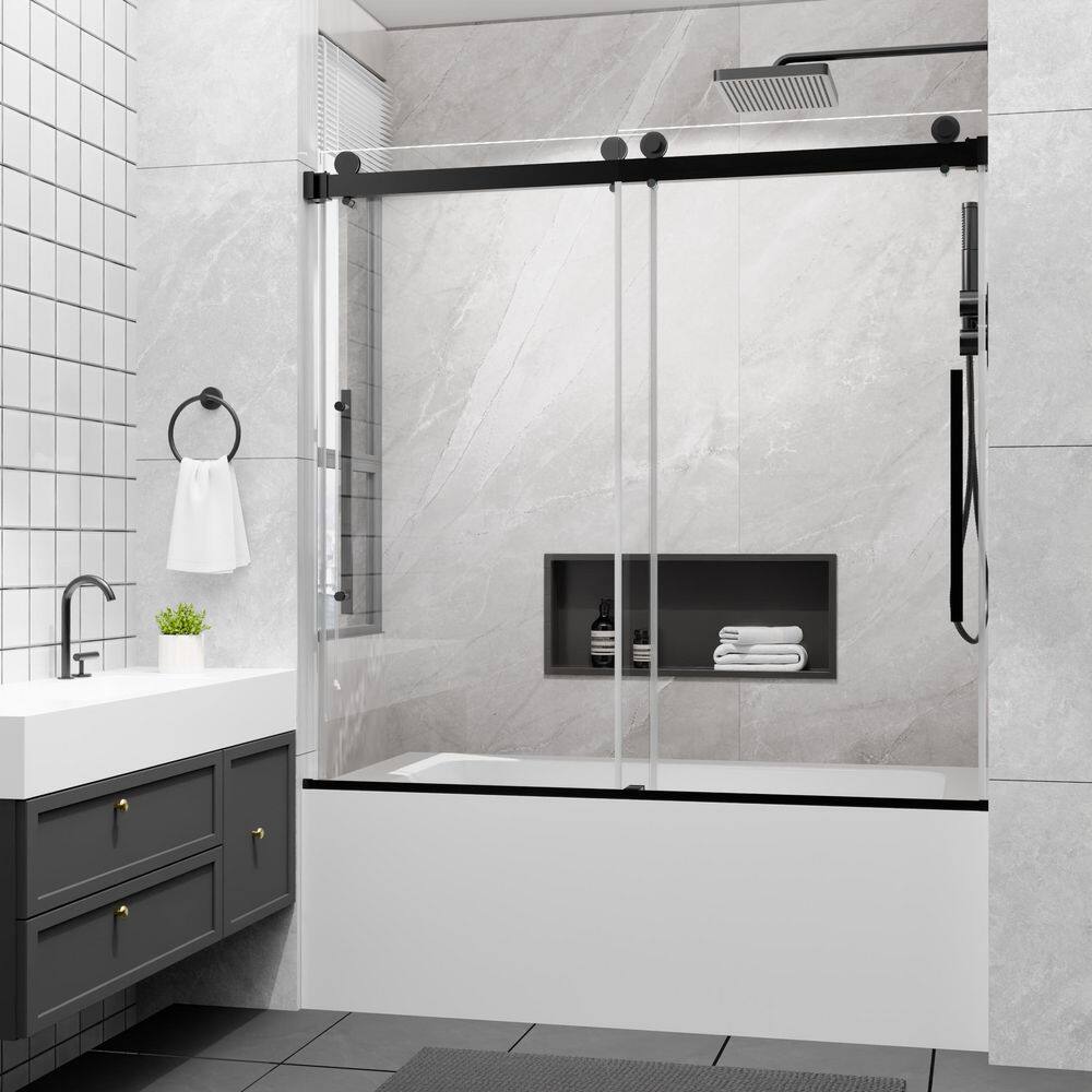 60 in. W x 58 in. H Sliding Frameless Tub Door in Matte Black with 4/1 in. Tempered Frosted Glass price history on PriceWatchPro
