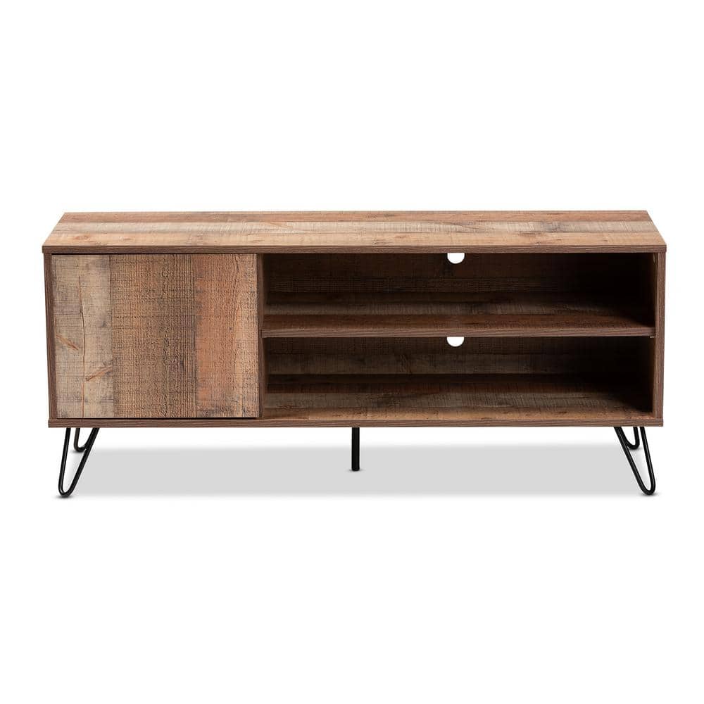 Retro Rustic Oak 48" TV Stand with Black Hairpin Legs and Cabinet