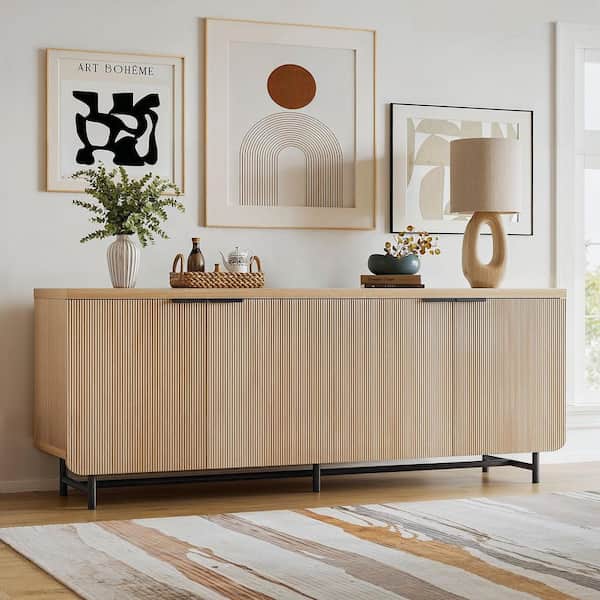 69 in. Modern Reeded Natural Oak TV Stand Entertainment Center Fits TVs Up to 75 in. with 2-Storage Cabinets