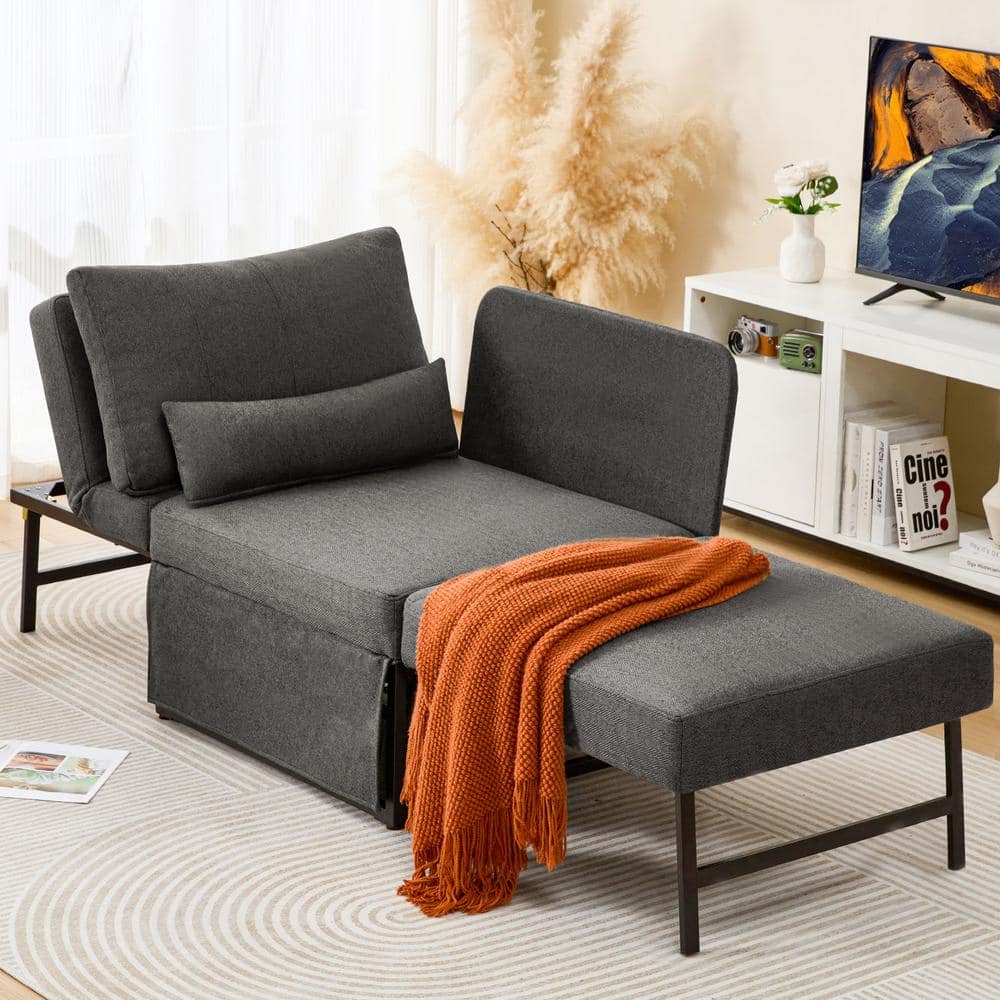 Black Metal Outdoor Lounge Chair with Dark Gray Cushions, Sleeper Sofa Bed 