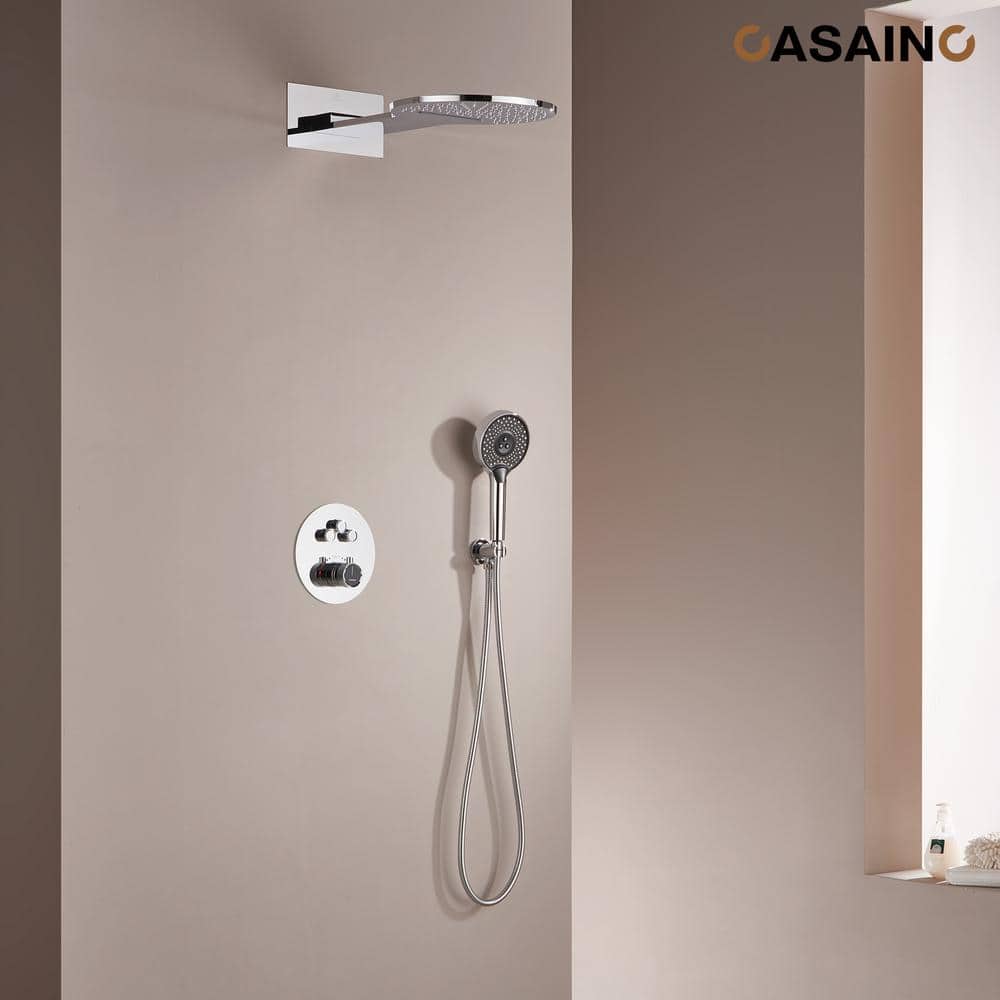 Chrome Dual Head Thermostatic Rain Shower System with Handheld