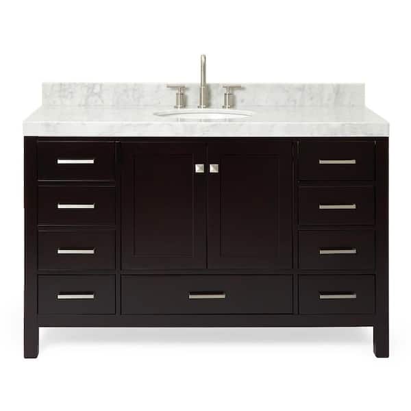 Cambridge 54 in. W x 22 in. D x 36.5 in. H Single Sink Freestanding Bath Vanity in Espresso with Carrara Marble Top