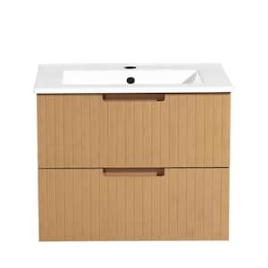 18.25 in. W x 24 in. D x 19.25 in. H 1 Sink Wall Mounted Bath Vanity in Light Brown with White Ceramic Top and 2-Drawers