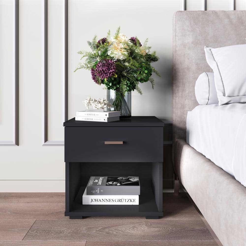 Novara 1-Drawer Modern Nightstand with Storage Cubby, Black